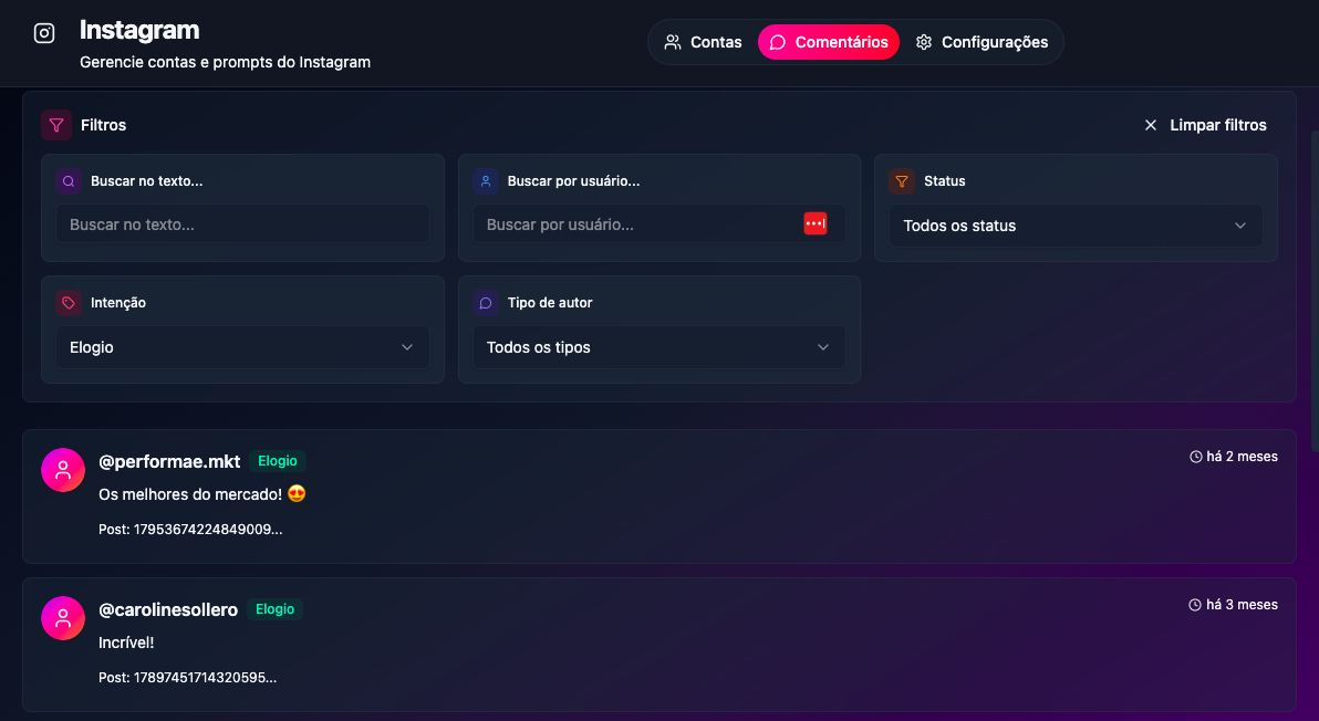 Classifica&ccedil;&atilde;o de coment&aacute;rios do Instagram - Instafull